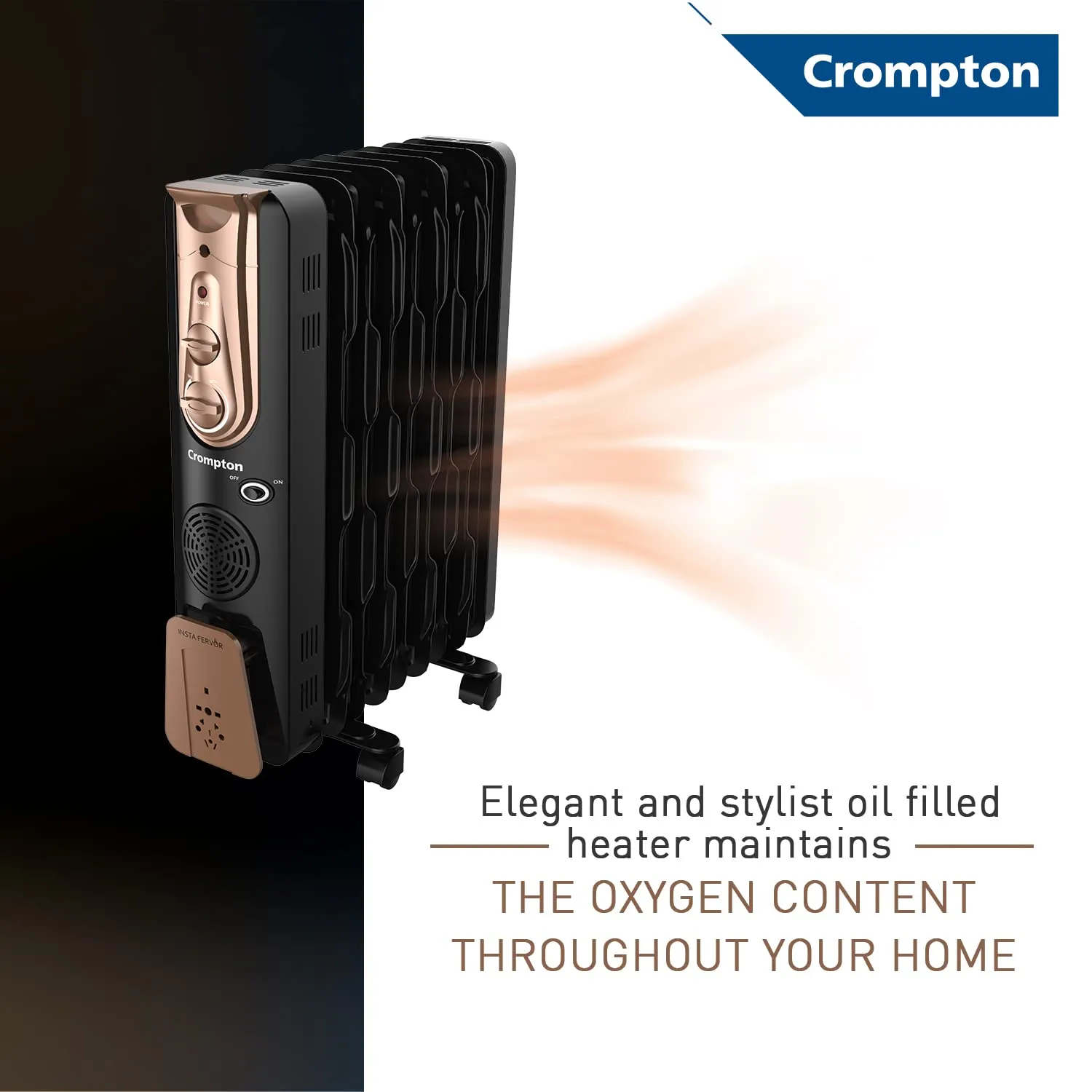 Crompton Insta Fervor 9 Fins 2400 Watts Oil Field Room Heater OFR with PTC fan, Black Gold