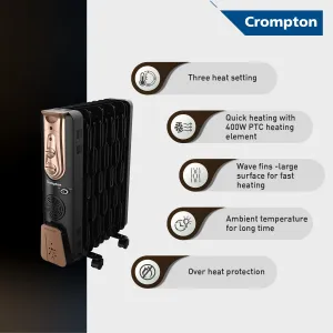 Crompton Insta Fervor 9 Fins 2400 Watts Oil Field Room Heater OFR with PTC fan, Black Gold