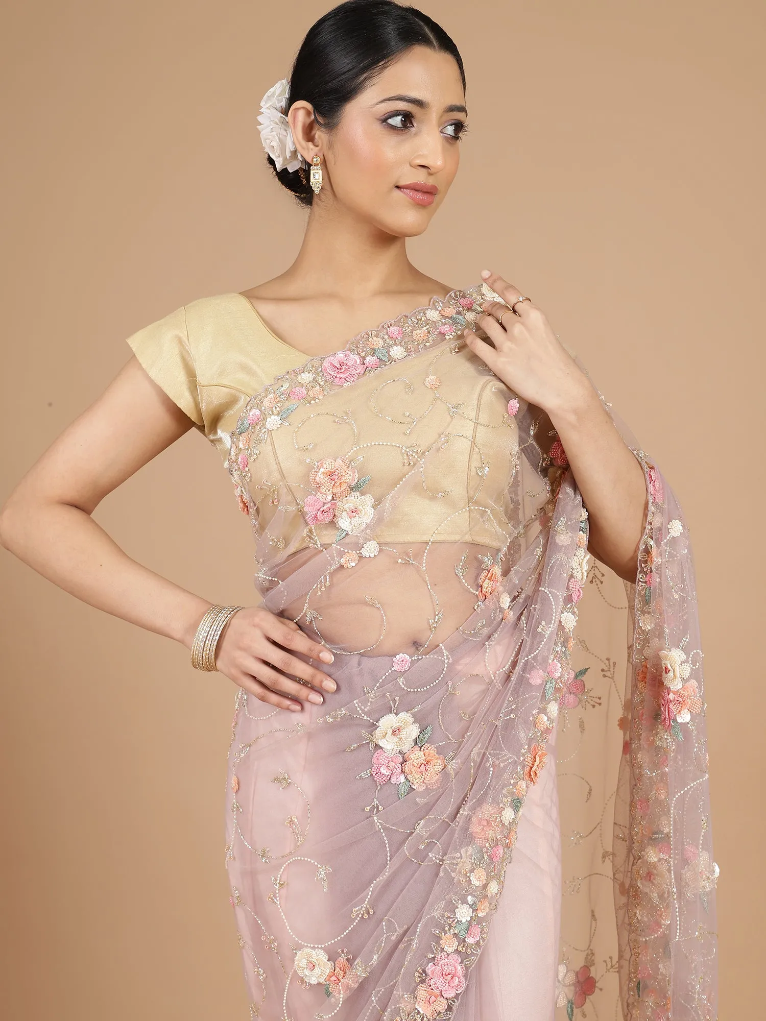 Lilac Netted Saree with Intricate Floral Embroidery Work