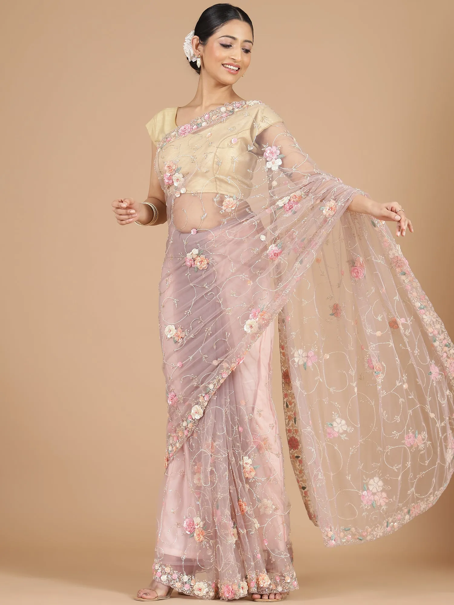 Lilac Netted Saree with Intricate Floral Embroidery Work