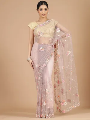 Lilac Netted Saree with Intricate Floral Embroidery Work